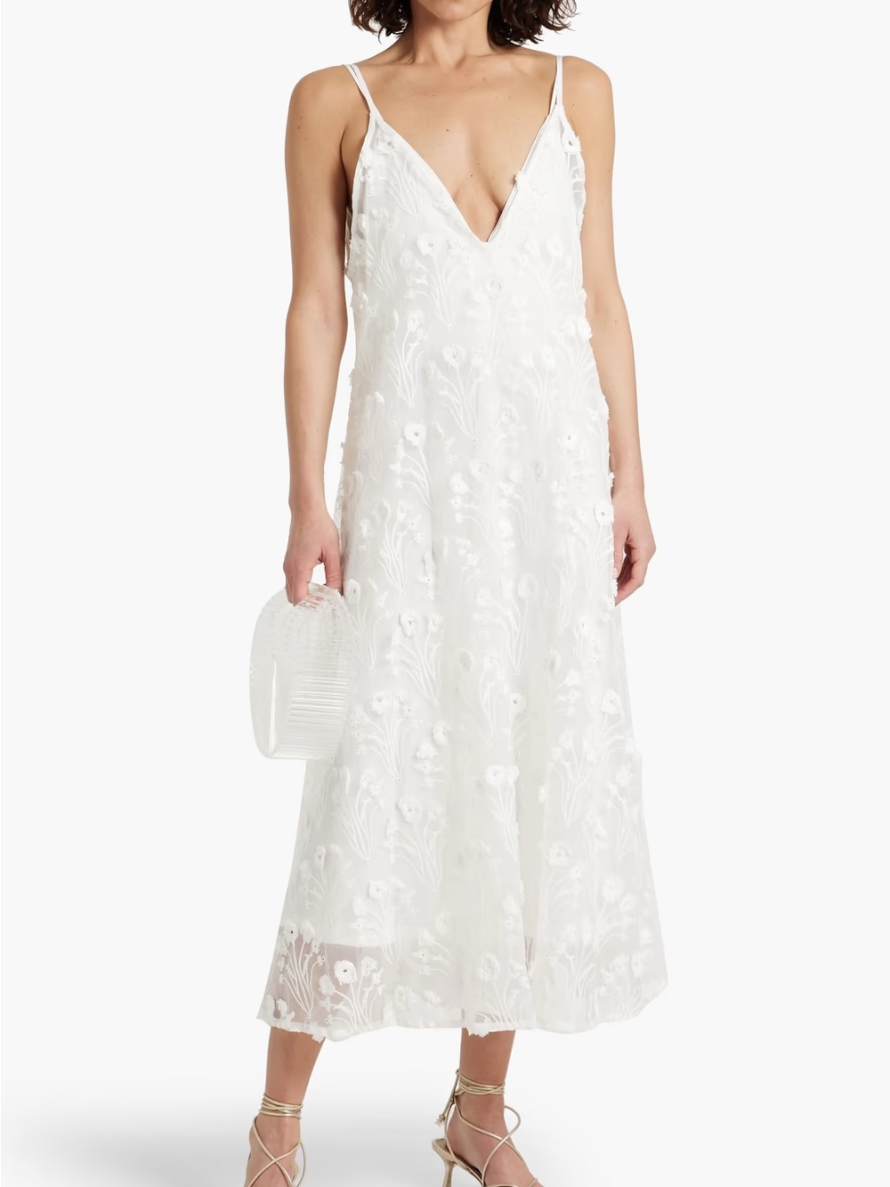 Agua by Agua Bendita White Floral Embroidered V-Neck Midi Dress